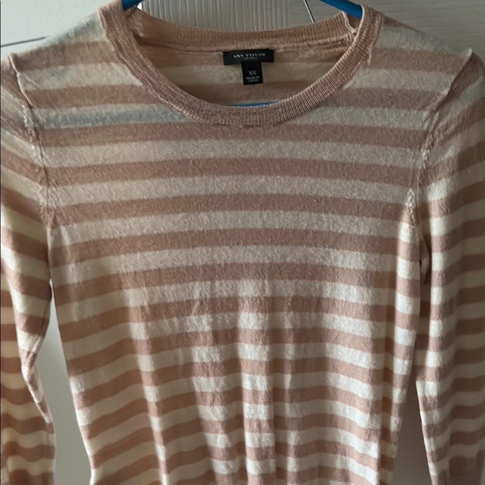 Ann Taylor Striped Crew Neck Sweater - Beige and White